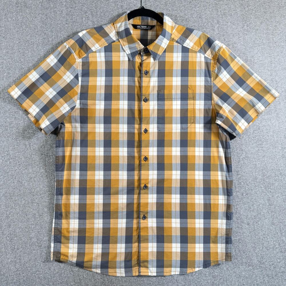 Arc'teryx Shirt Mens Large Yellow Gray Plaid Button Up Short Sleeve Outdoor Top